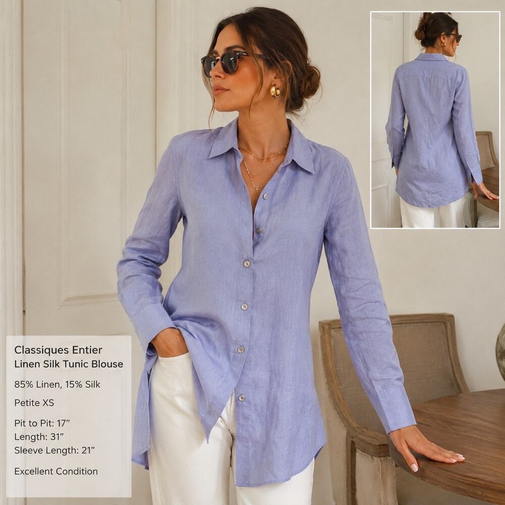 Classiques Entier Linen Silk Tunic Blouse XS Blue Longline Button Office Coastal